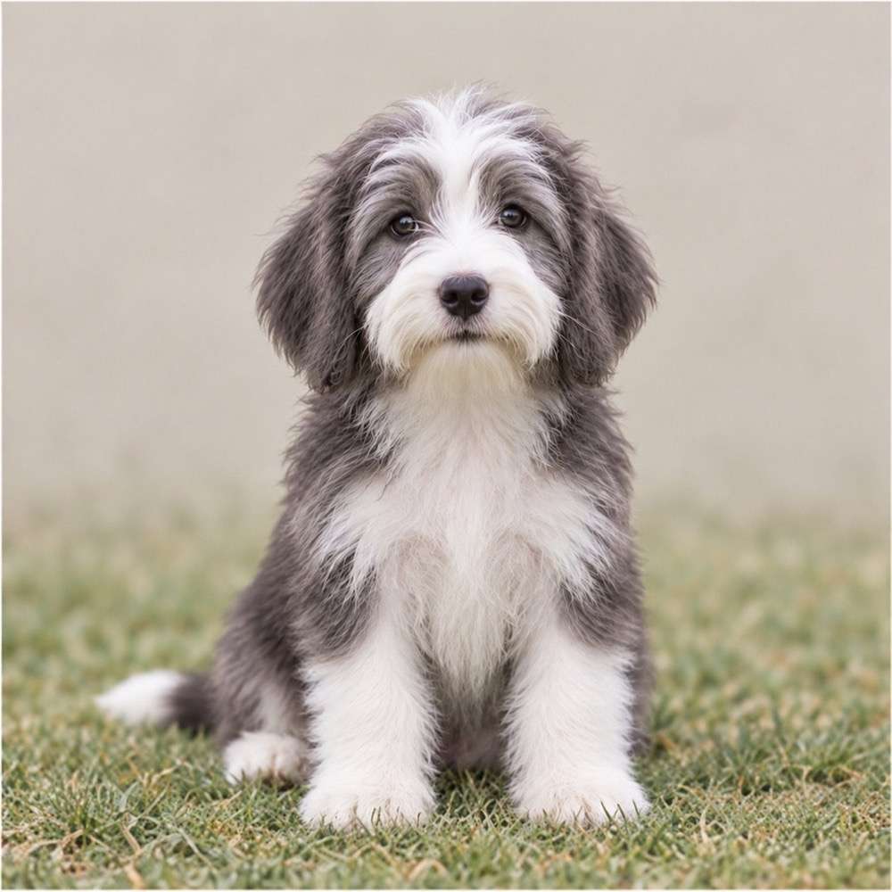 Fluffy, medium-sized dog with a long, shaggy coat and lively expression
