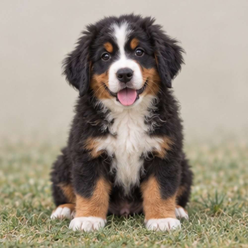 Fluffy black, white, and rust coat with a friendly expression, standing proud