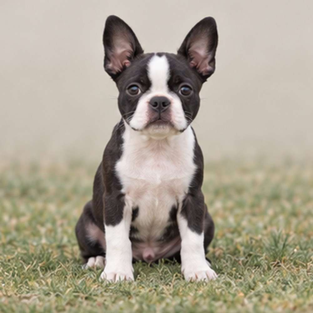 Black and white Boston Terrier sitting upright, looking curiously at the camera