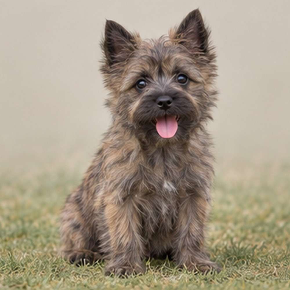 Scruffy, brown fur with perky ears and a playful stance
