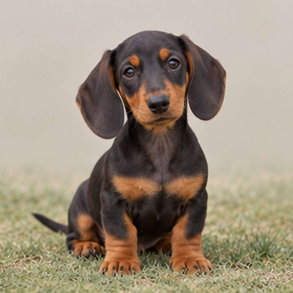 Short-bodied dog with long, smooth coat, and alert posture