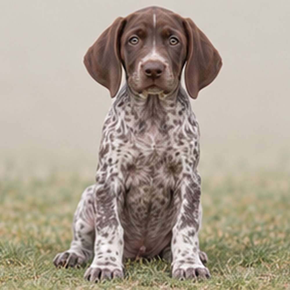 Liver and white spotted dog standing proudly with alert expression