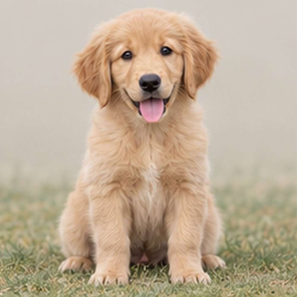 Fluffy golden coat, friendly expression, sitting attentively in a sunny field