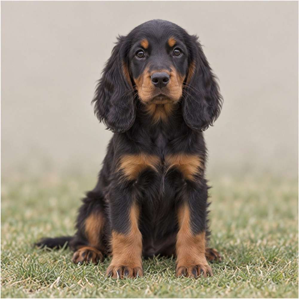 A majestic black and tan Gordon Setter standing proudly in a lush field