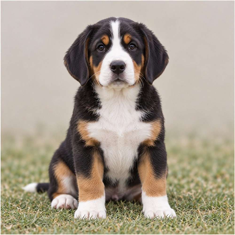 Large dog with a tricolor coat, standing proudly in a grassy field