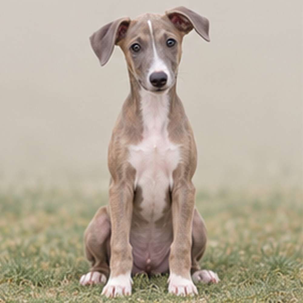 Sleek greyhound standing gracefully, showcasing short, smooth coat and alert expression