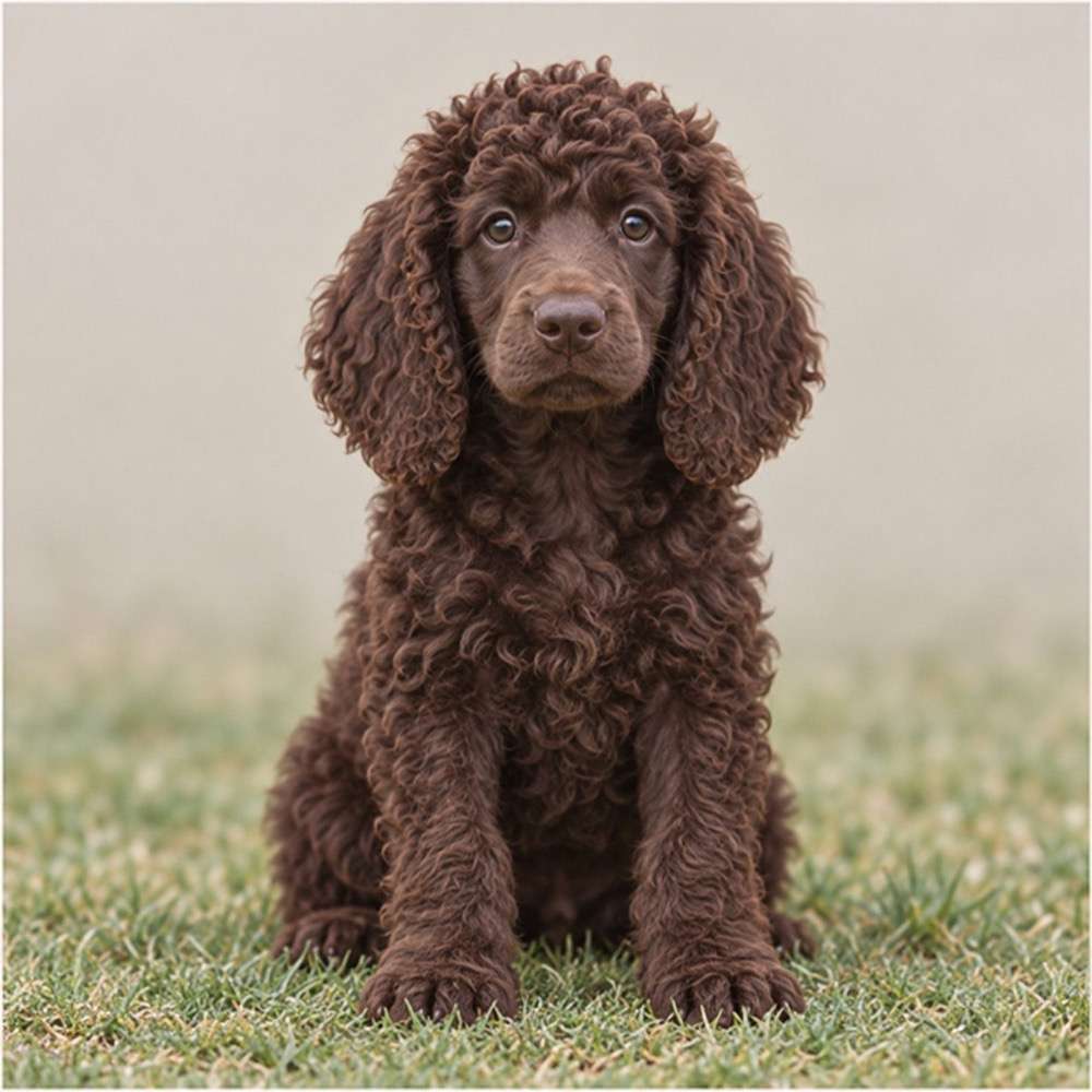 Curly, water-resistant coat in rich liver brown, playful posture by water's edge