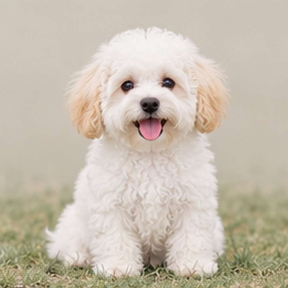 Fluffy white dog with a playful stance and bright eyes