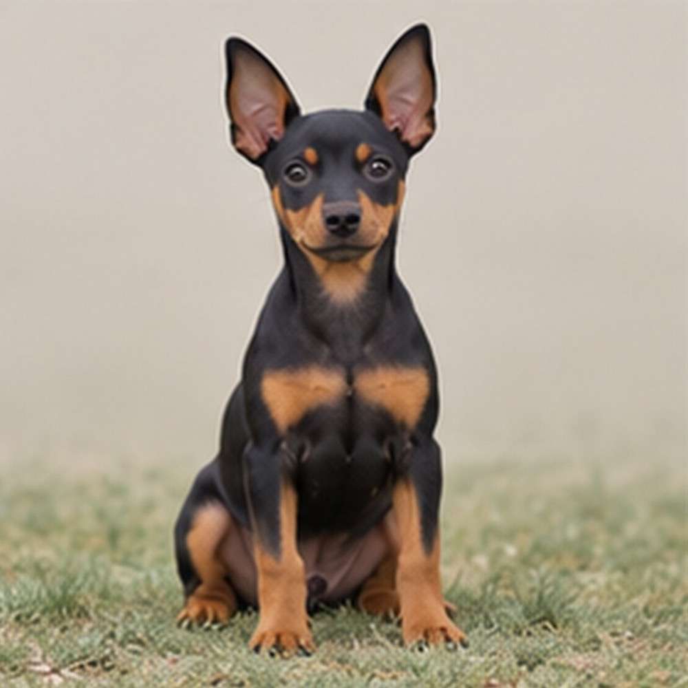 Small, sleek dog with short black and tan coat, standing alert