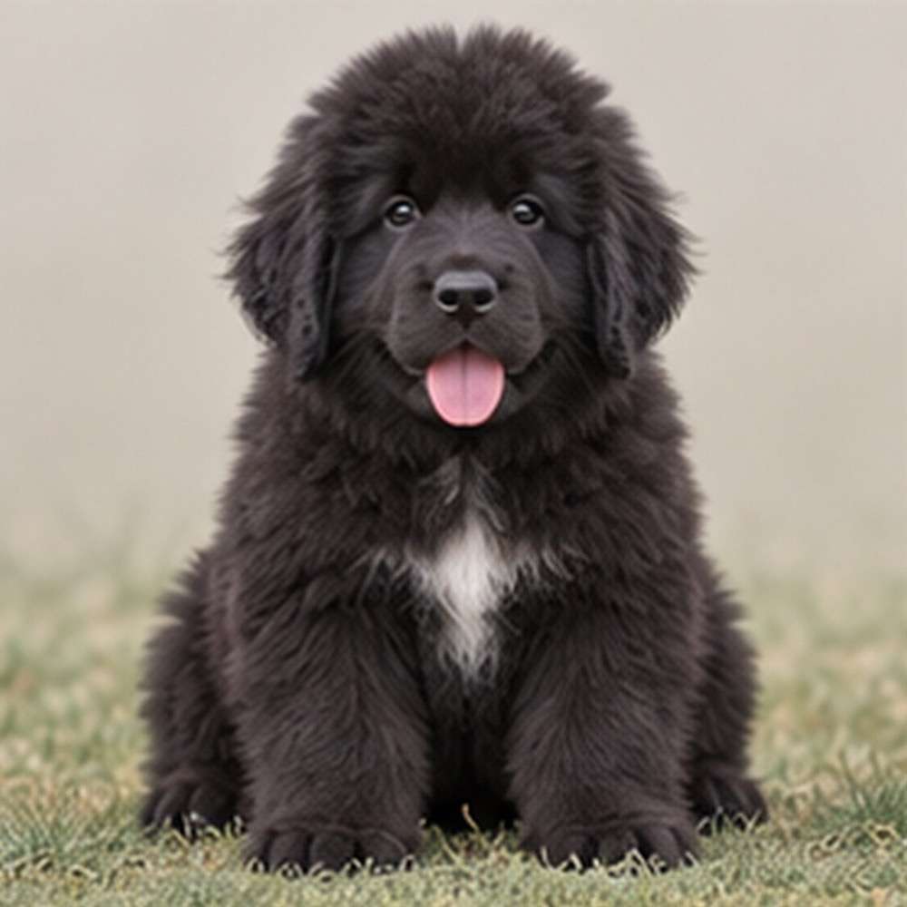 Large, fluffy black dog with a thick coat, standing proudly by water