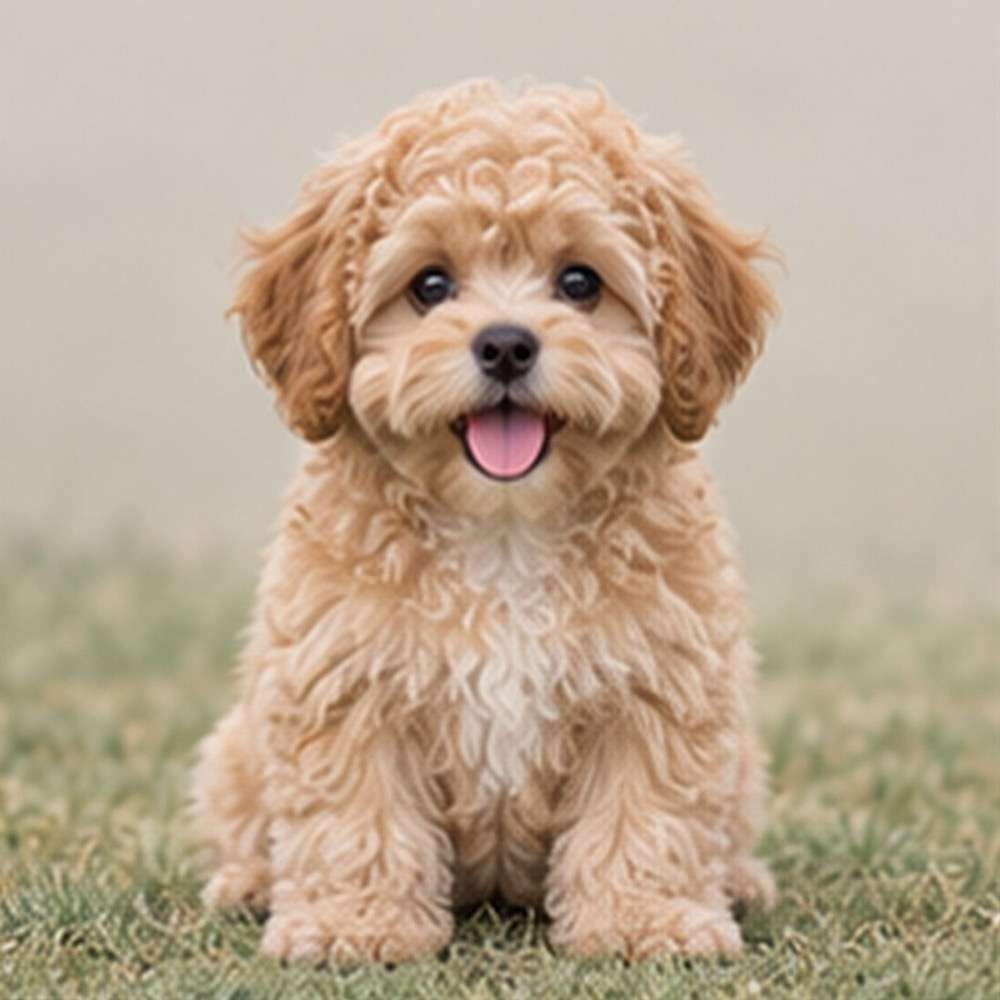 Fluffy, small dog with a mix of curly and straight fur, sitting gracefully