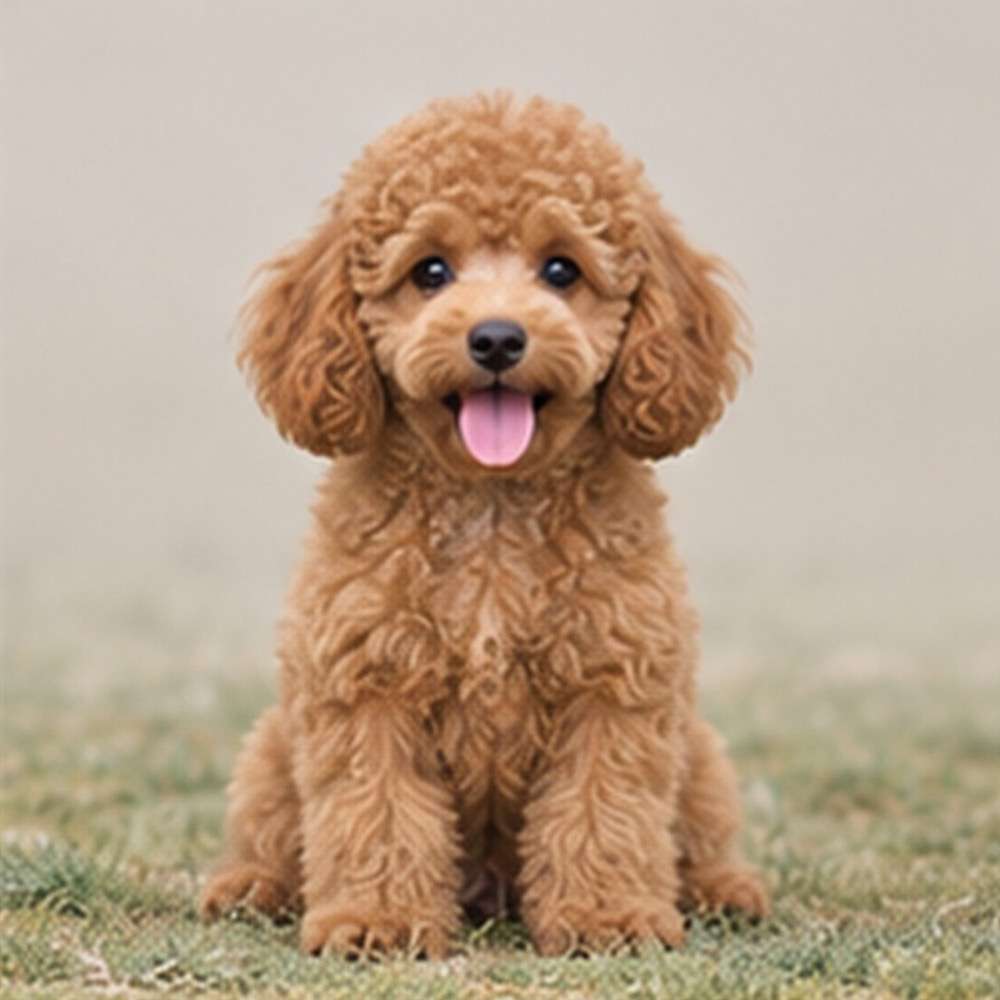 Curly-haired poodle standing proudly with a cheerful expression and bright eyes